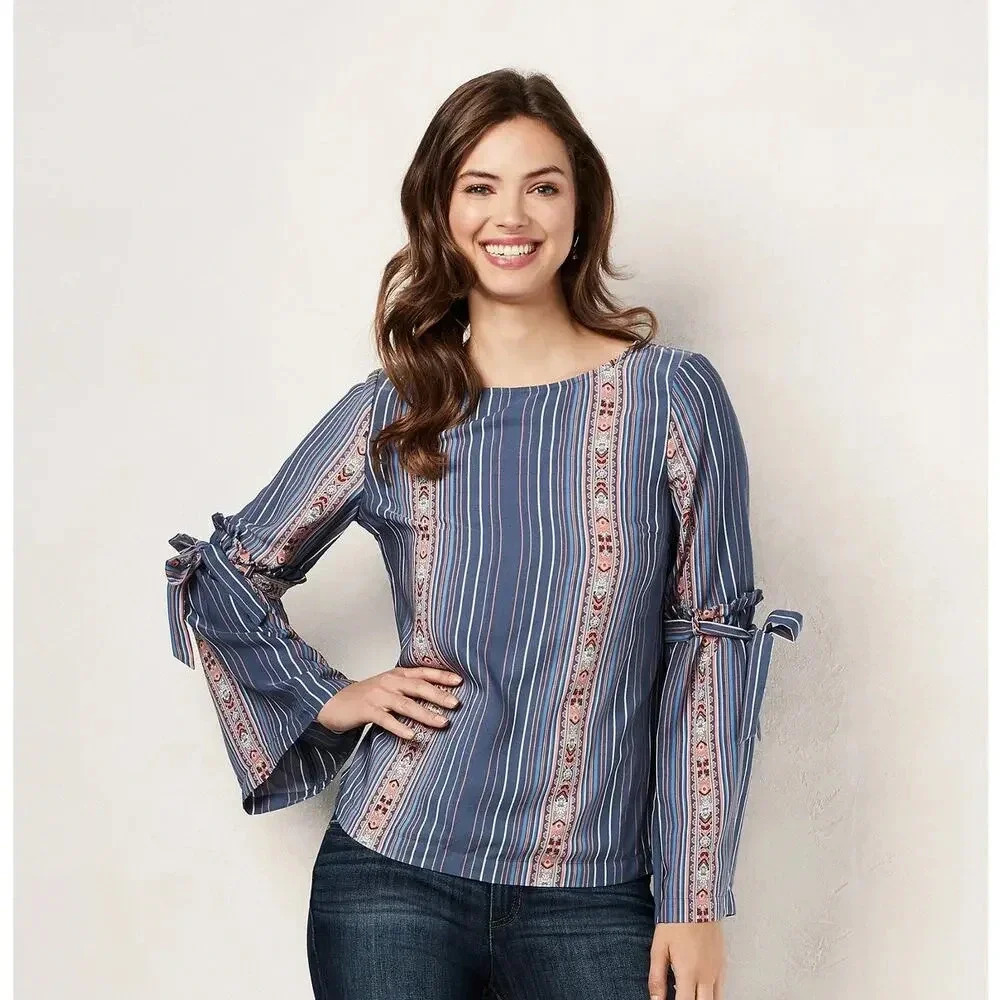 LC Lauren Conrad Women's Small Striped Bell Sleeve‎ Blouse Multicolor